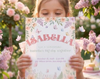 Floral Butterfly Birthday Invitation Template, Girl Birthday Party Invite (Digital Download)