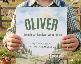 Farm Tractor  Birthday Invitation, Watercolor Farm Party Invite (Digital Download)