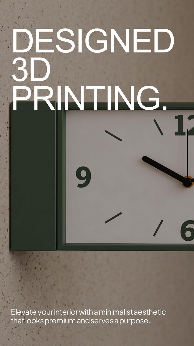 May include: A square wall clock with a minimalist design. The clock face is white with black hands and numerals. The clock is green and has the words "DESIGNED 3D PRINTING" in white. The clock is mounted on a textured wall.