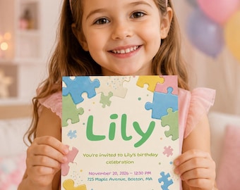 Puzzle Birthday Invitation, Colorful Kids Party Template (Digital Download)