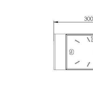 May include: A technical drawing of a clock face with the numbers 3, 6, 9, and 12 visible. The clock face is approximately 300 mm wide. The drawing also includes a rectangular shape, 90 mm wide and 150 mm high, with two holes.
