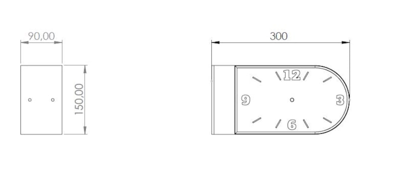 May include: A technical drawing of a clock face with the numbers 3, 6, 9, and 12 visible. The clock face is approximately 300 mm wide. The drawing also includes a rectangular shape, 90 mm wide and 150 mm high, with two holes.