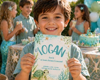 Sea Turtle Birthday Invitation, Ocean Beach Party Template (Digital Download)