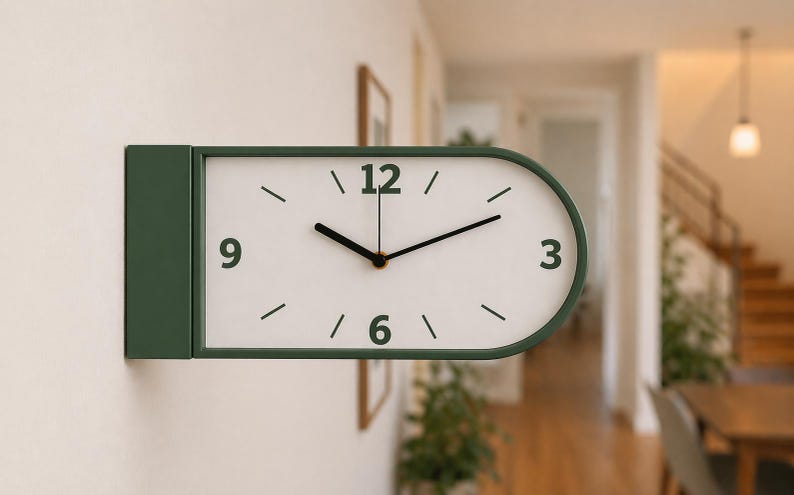May include: A modern, green and white wall clock with a rectangular base and an oval clock face. The clock features black hands and numerals at the 3, 6, 9, and 12 positions. The clock is mounted on a white wall.
