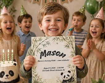 Panda Birthday Invitation Template, Bamboo Animal Party Invite (Digital Download)
