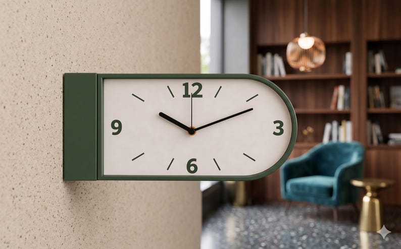 May include: A modern, olive green wall clock with a white face. The clock has black hands and numerals at 3, 6, 9, and 12. The clock is mounted on a textured beige wall. The time displayed is approximately 10:09.