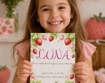 Strawberry Birthday Invitation, Berry Sweet Party Invite, Kids Floral (Digital Download)