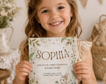 Woodland Bunny Birthday Invitation, Forest Animals Party, Kids Editable Invite (Digital Download)