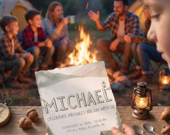 Camping Birthday Invitation Template, Adventure Birthday Party Invite (Digital Download)