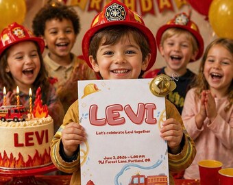 Firefighter Birthday Invitation Template, Fire Truck Party Invite, Kids Fireman (Digital Download)