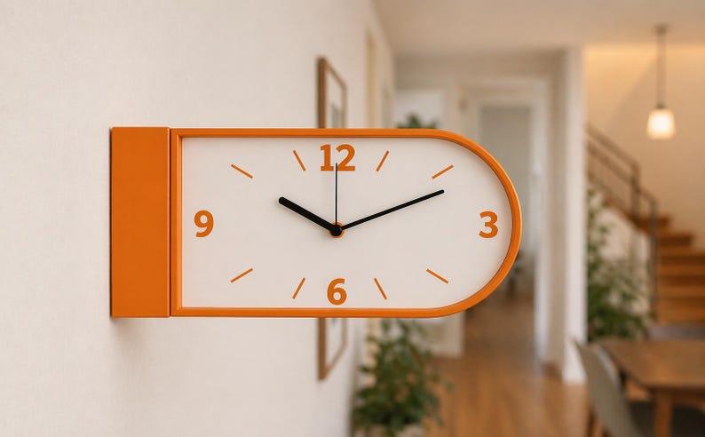 May include: An orange and white wall clock with a rectangular base and an oval clock face. The clock has black hands and orange numerals at the 12, 3, 6, and 9 positions. The clock is mounted on a white wall.