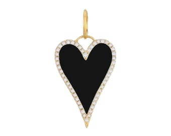 925 Pave Heart Black Onyx Charm Elongated Pave Heart Onyx Pendant Elongated Pave Heart Black Onyx Charm 14K Gold Plated Black Heart Charm