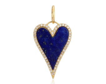 Lapis Heart 925 Pave Heart Lapis Charm Lapis Elongated Heart Pendant Elongated Pave Heart Dark Blue Charm Heart Charm