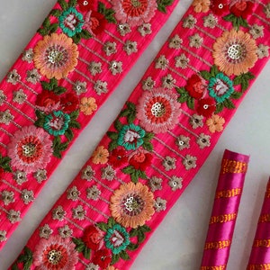 Bright Pink Floral Embroidered Trim,Pink Floral Lace,Indian Fabric Trim,Rani Pink Pastel Floral Saree Border,Price/mtr