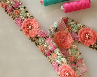 ピンクの花柄刺繍ネットトリム、ピンクの花柄ボーダー、ピーチファズネットレース、インド生地トリム、サリーボーダー、価格/メートル