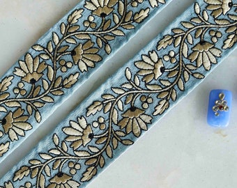 Blue White Floral Embroidered Trim,Powder Blue Floral Border,Blue Floral Lace,Indian Fabric Trim,Floral Saree Border,Price/mtr, インド刺繍リボン