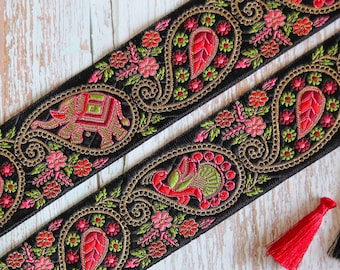 Black Elephant Peacock Jacquard Trim,Brocade Black Red Animal Bird Border,Indian Brocade Lace,Boho Trim, Floral Saree Border,Price/mtr