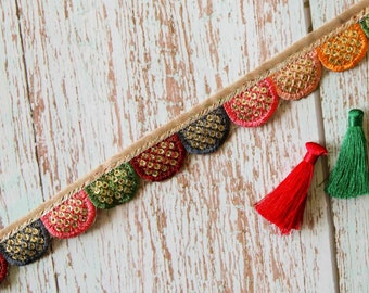 Thin Multicolour Embroidered Sequin Trim, Pink Red Green Gold Scallop Lace, Indian Fabric Saree Border