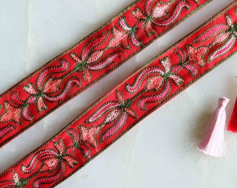 Red Floral Embroidered Trim,Indian Kashmiri Border,Red Pink Floral Lace,Red Pink Floral Saree Border,Price/mtr