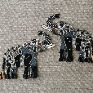 Silver Black Elephant Beaded Patch,Handmade embroidered applique,Grey Elephant applique,Quirky Animal patch,Sew on applique,DIY Patch