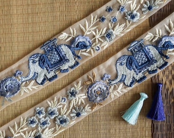 Blue Grey Elephant Embroidered Trim,Grey Elephant Net Border,Royal Indian Designer Lace,Floral Elephant Saree Border,Price/mtr