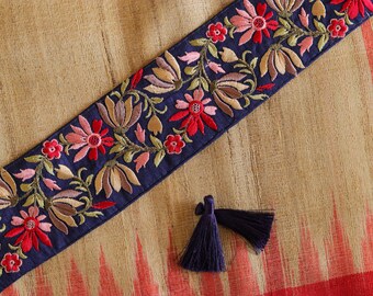 Black Pink Floral Embroidered Trim,Black Floral Lace,Indian Fabric Border,Parsi Embroidery Border,Black Saree Border,Pricemtr