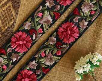 Black Pink Floral Embroidered Trim,Black Floral Lace,Indian Fabric Border,Parsi Embroidery Border,Black Saree Border,Pricemtr