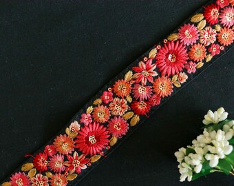 Black Pink Floral Embroidered Trim,Black Floral Lace,Indian Fabric Border,Parsi Embroidery Border,Black Saree Border,Pricemtr