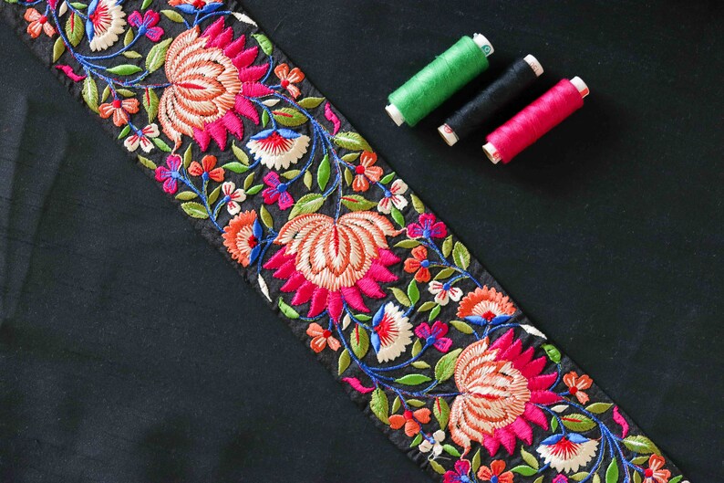 Black Pink Floral Embroidered Trim,Black Floral Lace,Indian Fabric Border,Parsi Embroidery Border,Black Saree Border,Pricemtr