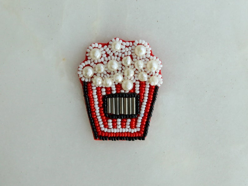 Quirky Popcorn Beaded Patch,Handmade Embroidered applique,Red White Food Patch,Snack Applique,Boho Playful applique 