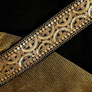 Svart guld sammetspaljettkant, indiskt tyg saree kant, svart blommig spets, インド刺繍リボン