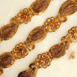 Vintage Gold Paisley Embroidered Trim,Handmade Indian Old Gold Cutwork Sequin Border,Antique Bridal Saree Border,Floral Trim,Price/mtr image 1