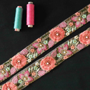 Pink Floral Embroidered Net Trim,Pink Floral Border, Peach Fuzz Net Lace,Indian Fabric Trim,Saree Border,Price/mtr image 4