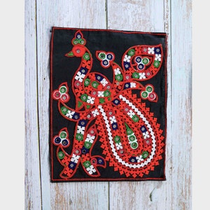 Grand écusson paon orange noir, applique miroir faite main brodée Kutchi, écusson pour costume DIY original multicolore Boho Tribal Banjara