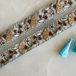 Blue White Floral Embroidered Trim: Powder Blue Parsi Style Lace, Indian Fabric Saree Border