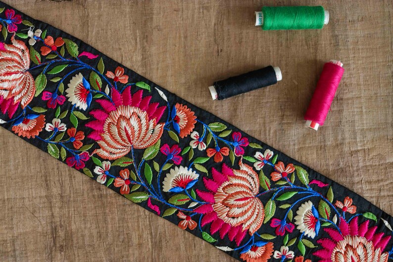 Black Pink Floral Embroidered Trim,Black Floral Lace,Indian Fabric Border,Parsi Embroidery Border,Black Saree Border,Pricemtr