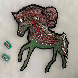 Green Pink Beaded Horse Patch,Cutwork Handmade embroidered applique, Boho Large Horse Patch,Fantasy Animal patch,Sew on applique, DIY Patch