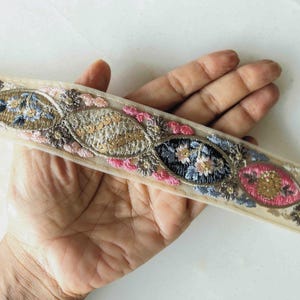 Pink Pastel Patchwork Embroidered Trim: Boho Beige Sequin Net Lace, Indian Fabric Saree Border, インド刺繍リボン
