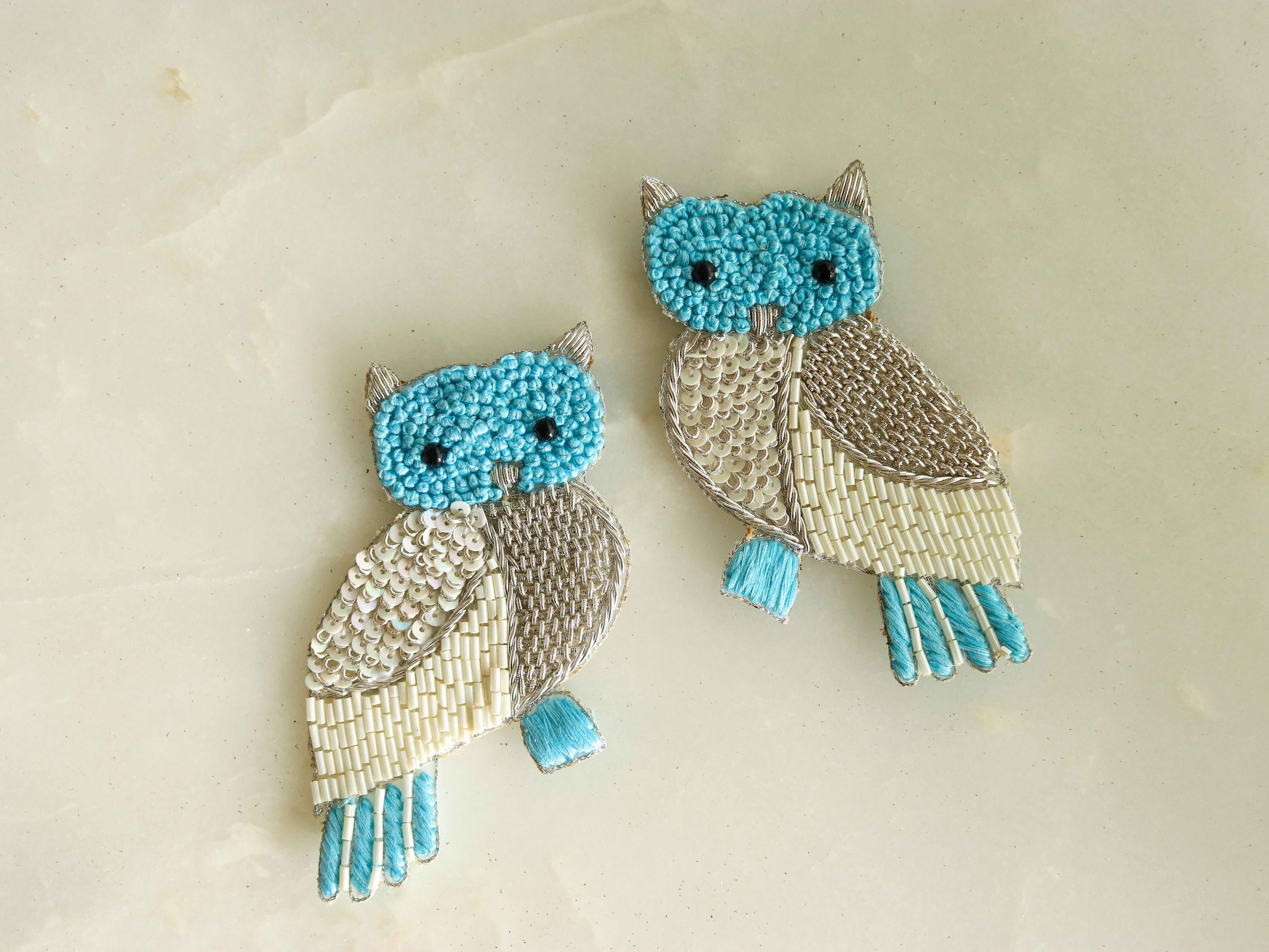 Quirky Silver Owl embroidered patch,Handmade Owl sequin applique, Silver blue bird patch,Boho Bird P