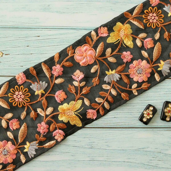 Black Pink Butterfly Floral Trim,Embroidered Floral Tissue Border,Black Peach Lace,Indian Fabric Trim,Butterfly Saree Border,Price/mtr