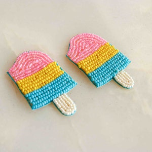 Quirky Ice-cream Beaded Patch, Handmade Embroidered applique, Colourful Pastel Food Patch, Boho Playeful Ice Lolly Candy Shoe Charm, 2 pcs