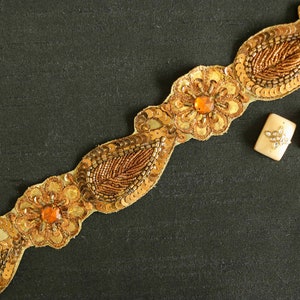 Vintage Gold Paisley Embroidered Trim,Handmade Indian Old Gold Cutwork Sequin Border,Antique Bridal Saree Border,Floral Trim,Price/mtr image 2