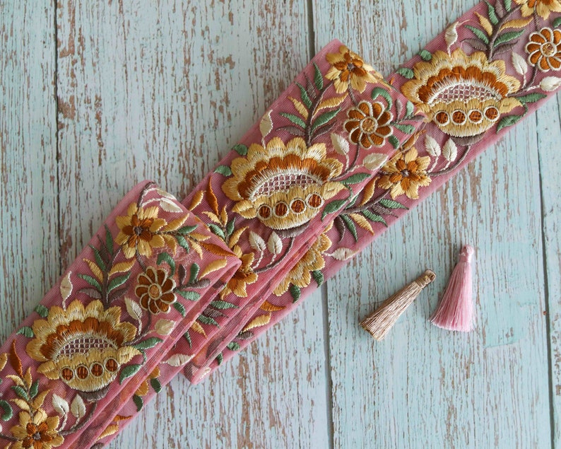 Pink Yellow Floral Embroidered Trim,Pink Net Floral Border,Yellow Pink Net Lace,Indian Fabric Trim, Floral Saree Border, インド刺繍リボン, Price/mt image 2
