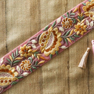 Pink Yellow Floral Embroidered Trim,Pink Net Floral Border,Yellow Pink Net Lace,Indian Fabric Trim, Floral Saree Border, インド刺繍リボン, Price/mt image 8