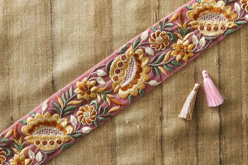 Pink Yellow Floral Embroidered Trim,Pink Net Floral Border,Yellow Pink Net Lace,Indian Fabric Trim, Floral Saree Border, インド刺繍リボン, Price/mt image 8