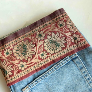 Berry Gold Floral Banarasi Trim,Deep Red Brocade Silk Border,Maroon Indian Lace,Brown Banarasi Saree Border,Rust Red Bridal Trim,Price/mtr