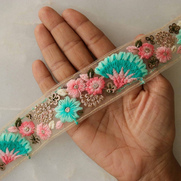 Teal Pink Floral Embroidered Trim,Teal Floral Border,Pink Teal Net Lace,Indian Fabric Trim,Saree Border,Price/mtr