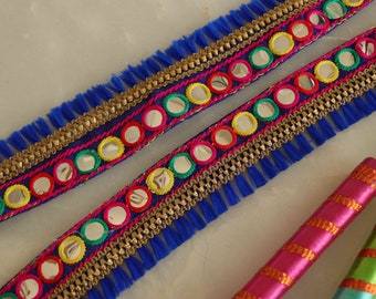 Blue Mirror Tassel Kutchi Trim,Indian Embroidered Border,Blue Faux Mirror Tufted Tassel Lace,Tribal Boho Hippie Saree Border,Price/mtr
