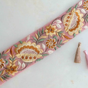 Pink Yellow Floral Embroidered Trim,Pink Net Floral Border,Yellow Pink Net Lace,Indian Fabric Trim, Floral Saree Border, インド刺繍リボン, Price/mt image 1