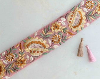 Pink Yellow Floral Embroidered Trim,Pink Net Floral Border,Yellow Pink Net Lace,Indian Fabric Trim, Floral Saree Border, インド刺繍リボン, Price/mt